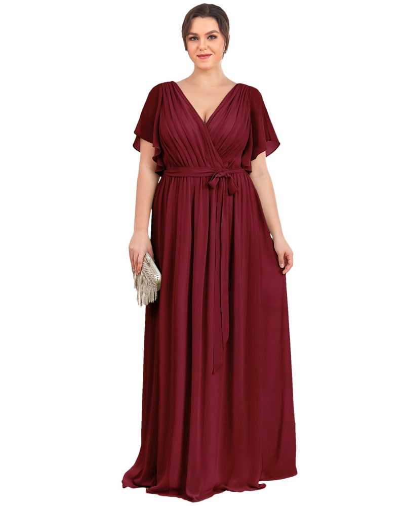 Front of a model wearing a size 14 A-Line Pleated Chiffon Tie-Waist Evening Dress in Burgundy by Ever-Pretty. | dia_product_style_image_id:301657